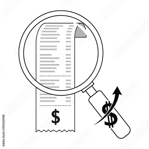 Magnifying glass over receipt with dollar sign and upward arrow, illustrating financial audit, expense tracking, or cost analysis with rising prices