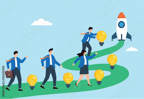 Flat illustration of business leader placing lightbulbs on innovation trail with team walking toward startup rocket