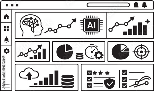 Modern AI Analytics Dashboard Vector, SaaS Admin UI Interface, Minimal Data Visualization Layout, Monochrome | Minimal AI SaaS Dashboard Interface Vector, Analytics UI Panel, Data Visualization Admin