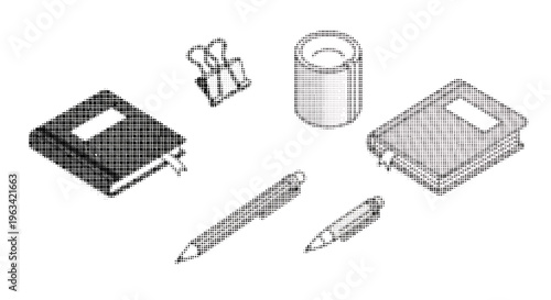 halftone illustrations of office supplies on white background