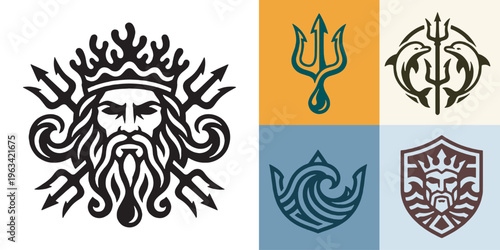 Collection of Nautical Symbols and Icons Featuring Neptune, Tridents, Waves, and Dolphins.