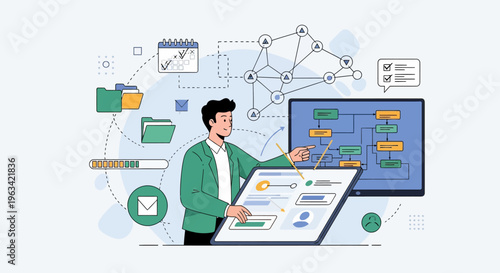 Focused man managing a digital project with data visualization and task management on a large interactive screen in a modern office.