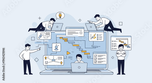 Innovative team collaborating, brainstorming ideas, and sharing tasks around a large laptop screen in a modern bright office studio.