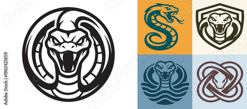 Collection of stylized cobra snake head logos and emblems, representing power and danger.