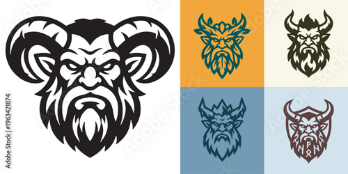 Collection of stylized mythological creature heads with horns and beards, suitable for logos and emblems.