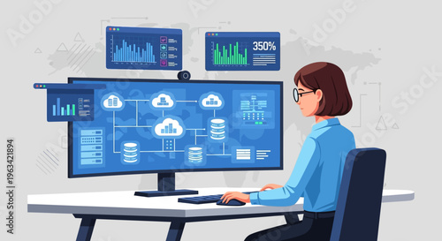 Focused professional woman analyzing complex data, network infrastructure, and cloud computing analytics on a large computer monitor at an office desk in a bright studio background.