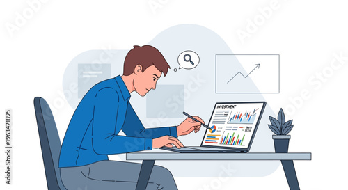 Professional man analyzing investment data and financial trends, using a stylus to interact with a laptop at an office desk in a bright studio background, appearing focused and strategic.