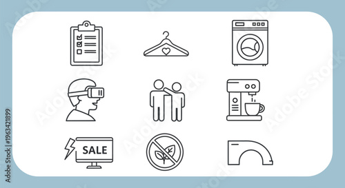 Nine simple line art icons illustrate home appliances, technology, shopping, and friendship against a pale blue backdrop.