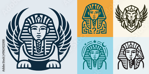 Collection of stylized Egyptian Sphinx and Pharaoh icons in a modern line art style.