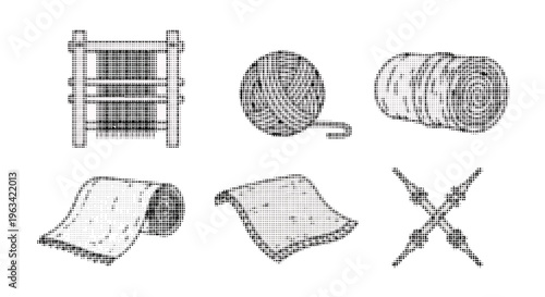 Halftone illustrations of various fabric and textile materials and tools  rolls sheets and scissors