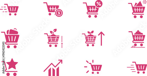 Collection of shopping cart icons with various symbols representing discounts deals promotions and ecommerce activities isolated on transparent background