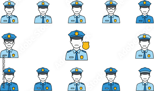Police officer avatar icon set with uniformed law enforcement characters, security personnel portraits collection isolated on white background for authority and public safety design