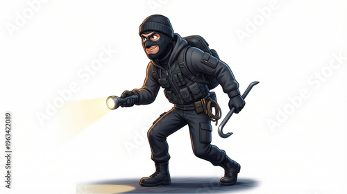 Crouching Cartoon Thief with Tactical Gear and Tools, Vector Art