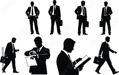 Silhouettes of various businessmen in professional attire show different poses, including checking watches and walking with briefcases.