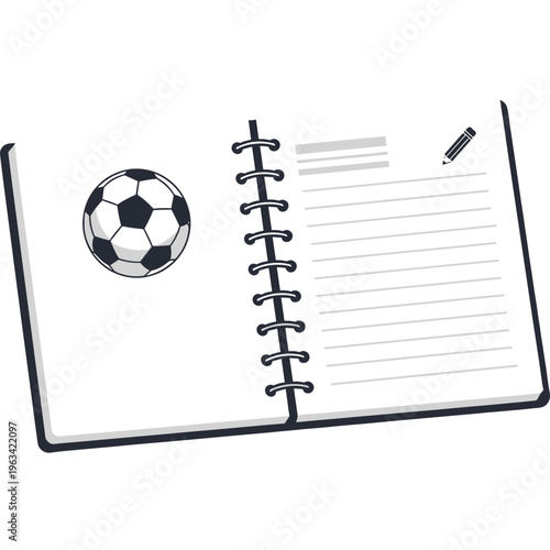 A soccer ball sits beside a notebook and pen on a surface.