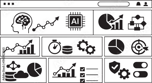 Modern AI Analytics Dashboard Vector, SaaS Admin UI Interface, Minimal Data Visualization Layout, Monochrome | Minimal AI SaaS Dashboard Interface Vector, Analytics UI Panel, Data Visualization Admin