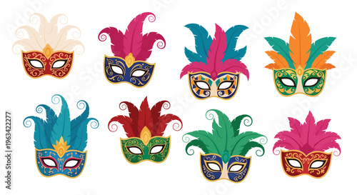 Eight ornate carnival masks with colorful feathers and intricate patterns are arranged in two rows on a light background.