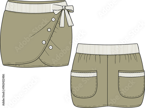 Wrap-style skirt with striped waistband, button front and quilted pockets, fashion garment illustration, technical design sketch, stylish textile concept