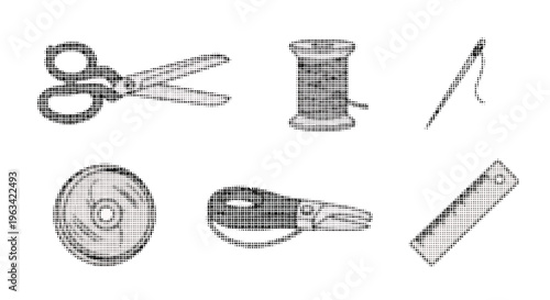 Halftone illustrations of various sewing and crafting tools on white background