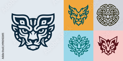Collection of stylized animal head logos, including a fierce feline, a mythical beast, and nature-inspired designs.