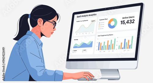 Focused woman diligently working on a computer, analyzing SaaS analytics and active user data on the screen, in an isolated white background.