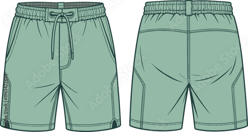 Men’s green shorts with drawstring waistband, curved seam and pocket detail, technical garment illustration, fashion design sketch, casual apparel concept