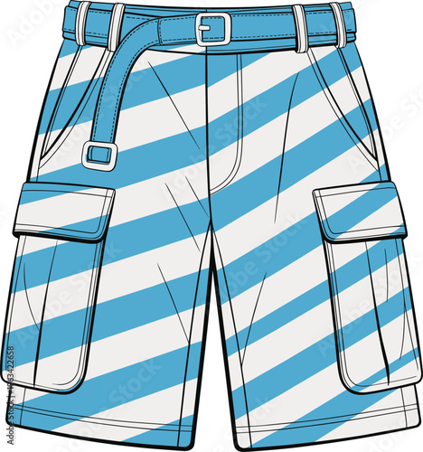 Blue cargo shorts with diagonal stripes, flap pockets and matching belt, bold fashion design, casual garment illustration, stylish textile concept
