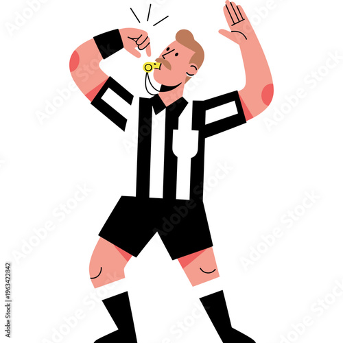 Referee blows whistle during sports game with raised hand