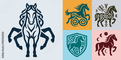 Collection of stylized horse illustrations with Celtic and Norse knotwork and symbols.