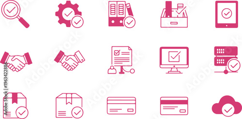 Set of colorful flat icons representing various business and technology services with checkmarks isolated on transparent background