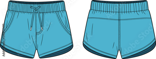 Light blue athletic shorts with dark trim, drawstring waistband, front and back technical illustration, fashion garment sketch, casual sportswear concept
