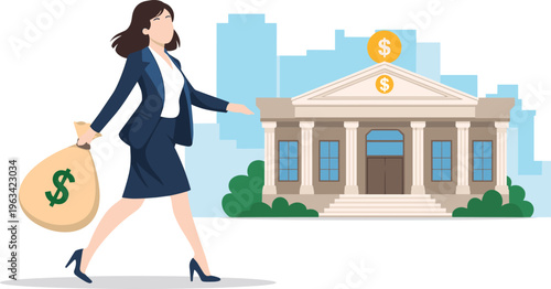 Businesswoman carrying money bag walking to bank building, financial investment, savings growth, wealth management, banking services concept illustration design