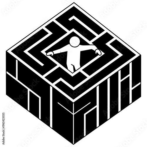 A person trapped in a maze on top of a cube isolated on transparent background, Vector
