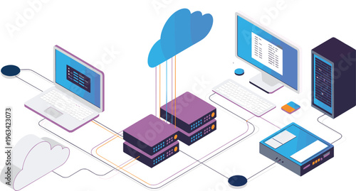 Cloud computing infrastructure with servers, data storage, network connection, laptops, data transfer, technology system, hosting, database, digital communication illustration