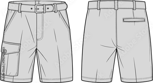 Men’s cargo shorts with belt and flap pockets, front and back technical illustration, fashion garment sketch, structured design concept, apparel construction detail