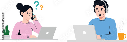 Customer support call center agents working remotely, woman confused on phone, male operator with headset, online help desk service illustration