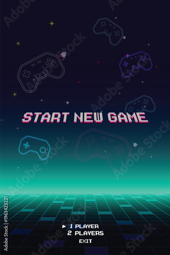 START NEW GAME. Retro Futurism Sci-Fi Background. glowing neon grid and star from vintage arcade computer games