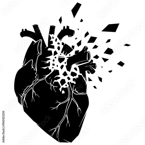 A broken heart with pieces flying off to the side isolated on transparent background, Vector