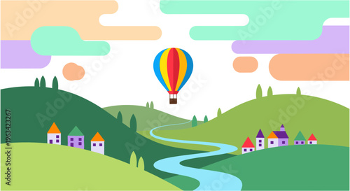 Colorful hot air balloon flying over rolling hills with houses and winding river in whimsical illustration with pastel colors for travel brochure