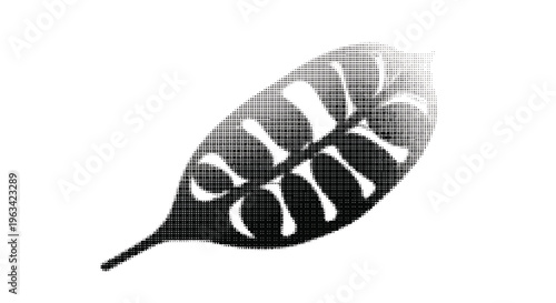 Halftone leaf with cut out text in white font on gradient background