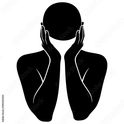 A black silhouette of a person covering their face with their hands isolated on transparent background, Vector