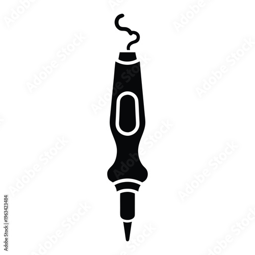 Solid black silhouette of a Soldering Iron with a small wisp of smoke. isolated on White Background