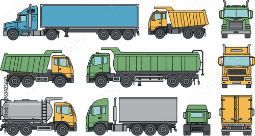 Cargo truck collection with semi trailer dump tanker and delivery vehicles transport fleet vector illustration set