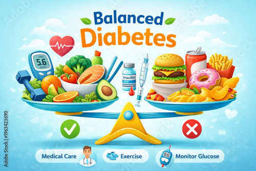 Balanced Diabetes Management Concept: Healthy Diet vs Unhealthy Food with Medical Tools and Glucose Monitoring Illustration.