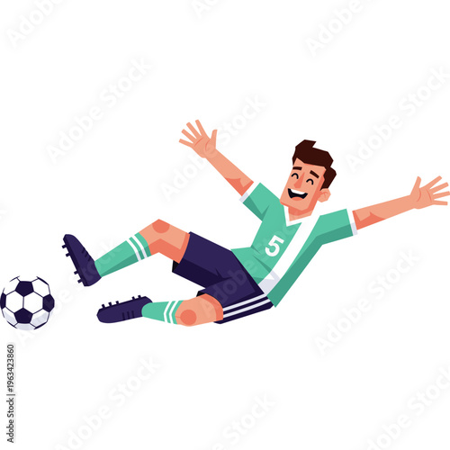 Man kicks soccer ball while falling sideways on field