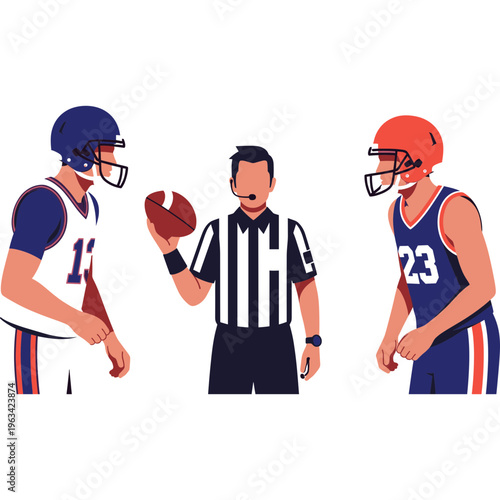 Two football players facing each other with a referee in between holding a ball.