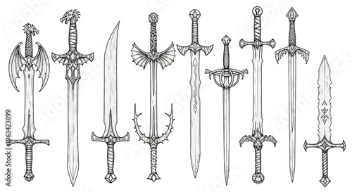 Set of Fantasy Swords and Medieval Blades Line Art Illustration