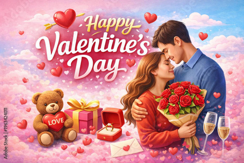 Romantic Happy Valentine's Day Illustration with Couple, Red Roses, Engagement Ring, and Teddy Bear on Pink Cloud Background.