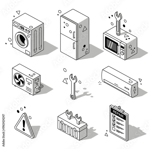 Isometric Home Appliances and Repair Tools Set.