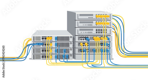 Two distinct stacks of server racks, one with three units and the other with four, are interconnected by numerous blue and yellow network cables.